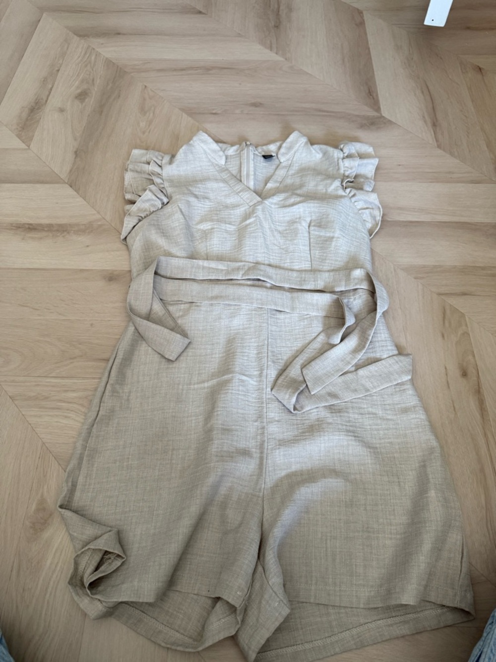 SHEIN Beige V-Neck Short Linen-Blend Jumpsuit with Tie Waist